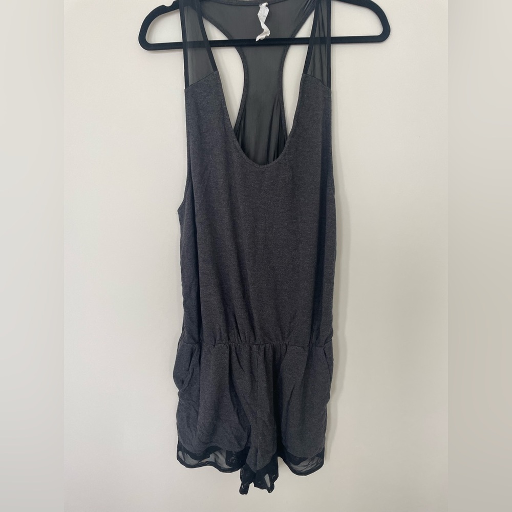 ALO Yoga Tranquility Lounge Romper Black Grey Medium